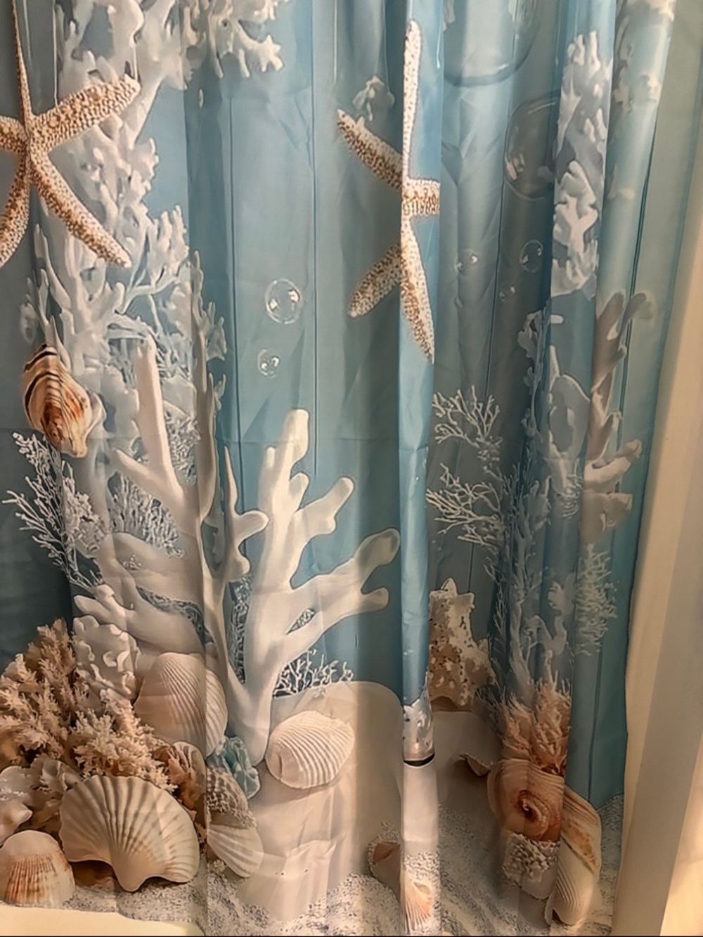 Ocean Reef Blue Shower Curtain - Coastal Seashell Design